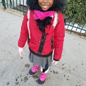 Red & black size L (14/16) coat w/ faux fur hood